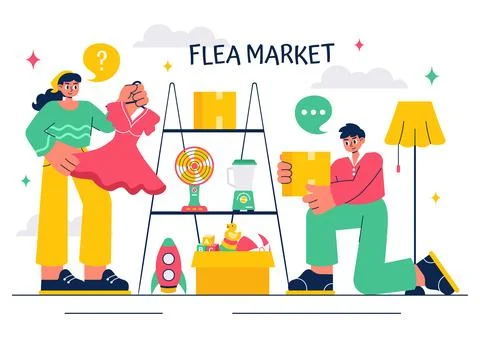 Flea Market Vector Illustration featuring a Second-Hand Shop with Shoppers,.. Stock Illustration