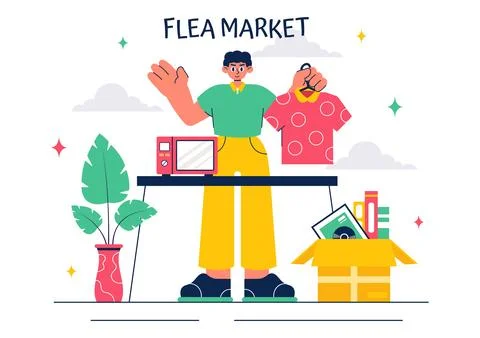 Flea Market Vector Illustration featuring a Second-Hand Shop with Shoppers,.. Stock Illustration