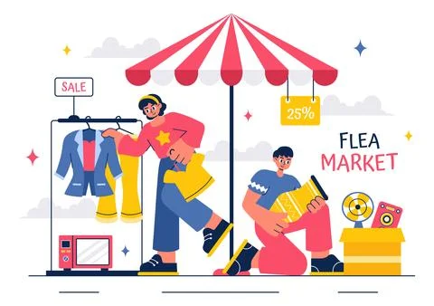 Flea Market Vector Illustration featuring a Second-Hand Shop with Shoppers,.. Stock Illustration