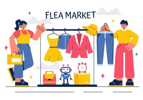 Flea Market Vector Illustration featuring a Second-Hand Shop with Shoppers,.. Stock Illustration