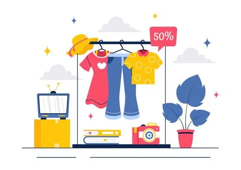 Flea Market Vector Illustration featuring a Second-Hand Shop with Shoppers,.. Stock Illustration