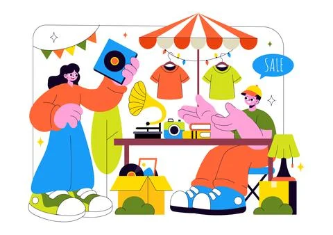 Flea Market Vector Illustration Featuring a Secondhand Shop with Shoppers, .. Stock Illustration