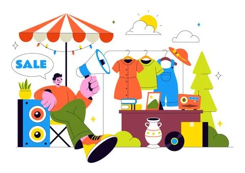 Flea Market Vector Illustration Featuring a Secondhand Shop with Shoppers, .. Stock Illustration