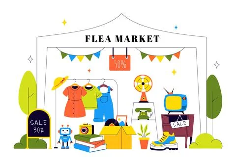 Flea Market Vector Illustration Featuring a Secondhand Shop with Shoppers, .. Stock Illustration