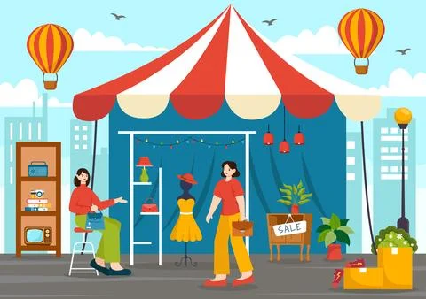 Flea Market Vector Illustration with Second Hand Shop with Shoppers, Swap M.. Stock Illustration