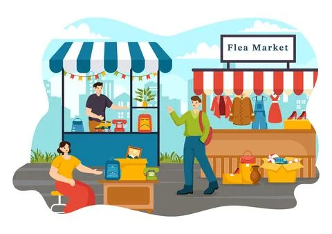 Flea Market Vector Illustration with Second Hand Shop with Shoppers, Swap M.. Stock Illustration