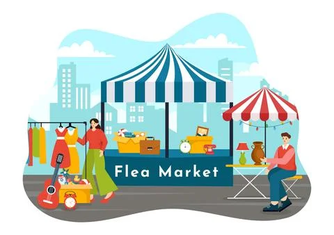 Flea Market Vector Illustration with Second Hand Shop with Shoppers, Swap M.. Stock Illustration