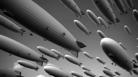 Fleet of airships or blimps or zeppelins. Black and white. Stock Footage 38718126