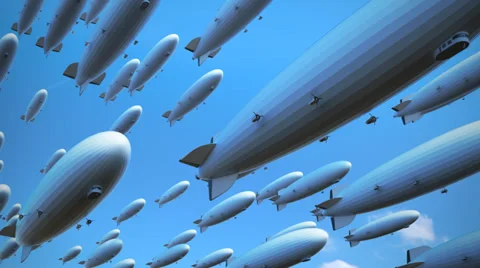 Fleet of airships or blimps or zeppelins in a blue sky Stock Footage 38718356