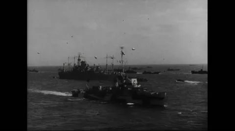 Fleet of allied warships sailing in English Channel Stock Footage