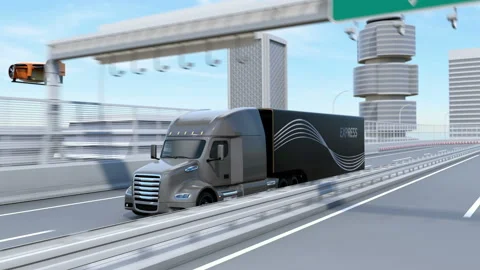 Fleet of American Trucks, cargo drones and flying car Video stock 94396009