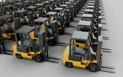 Fleet of Forklifts on White Background. 3D Rendered Stock Illustration