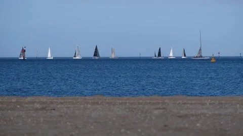Fleet of racing yachts with colourful sails competing, Port Melbourne, Australia Stock Footage 336034862