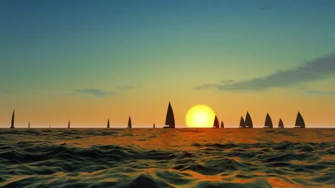 Fleet of ships sailing on the sea at sunset Stock Footage 288172147