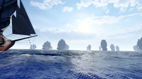 A fleet of ships sailing through the wind and waves Stock Footage 218432024