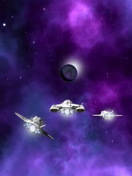 Fleet of Spaceships Approaching a Planetary Nebula Stock-Illustration