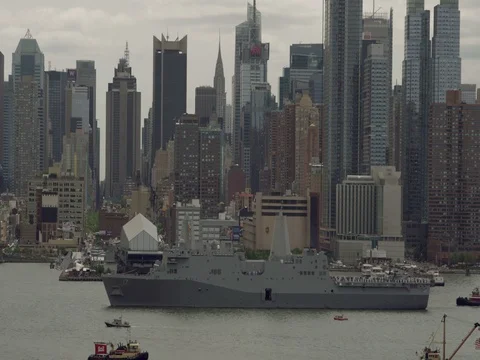 Fleet Week on Hudson River with NYC as Background 10 Stock Footage 84130687