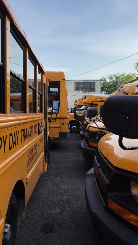 Fleet of Yellow School Buses in Urban Parking Lot Stock-Footage 337430060