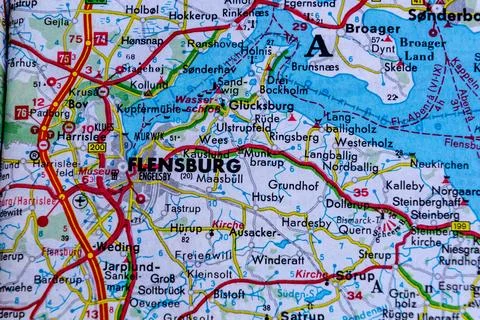 Flensburg, Germany, on a road map Stock Photos