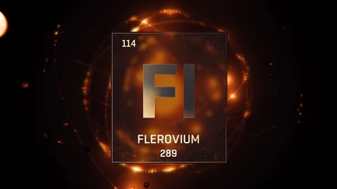 Flerovium as Element 114 of the Periodic Table 3D illustration on orange 스톡 동영상 120416619