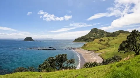 Fletcher Bay and its Rolling Hills along the remote Coromandel Coastal Walk.. Stock-Footage 284882625