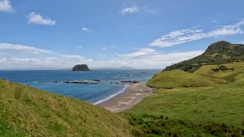 Fletcher Bay and its Rolling Hills along the remote Coromandel Coastal Walk.. Stock Footage 284882668