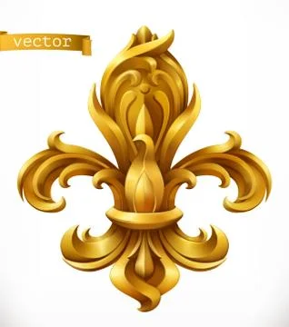 Fleur-de-lis, stylized lily gold emblem. 3d vector icon Stock Illustration