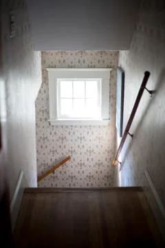 Fleur de lis wall paper in spooky haunted house Stock Photos