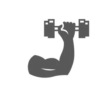 Flexed hand muscle with dumbbell in grayscale. Stock Illustration