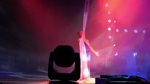 A flexible aerial gymnast performs tricks on fabric under the dome of the circus Stock Footage 313470970