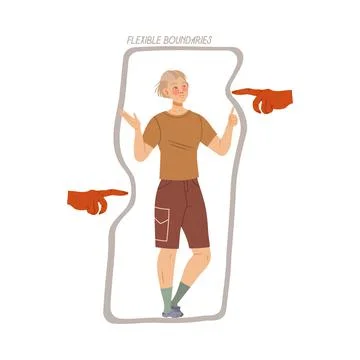 Flexible boundaries. Boy standing inside rectangular shape boundaries. Personal Illustrazione stock