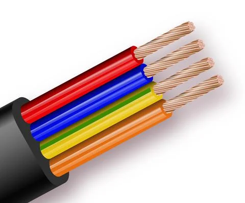 Flexible four-wire electrical cable isolated on white background. Copper Stock Illustration