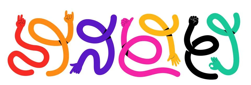 Flexible hands with gestures vector illustration. High five, rock on, peace.. Stock Illustration