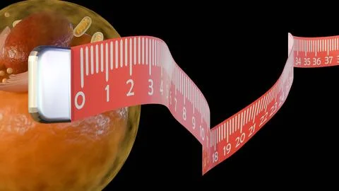 A flexible measuring tape wrapping around brown human adipocytes or fat cells Stock Illustration