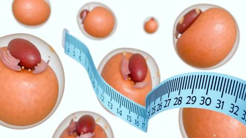 A flexible measuring tape wrapping around brown human adipocytes or fat cells Stock Illustration