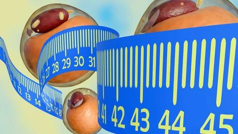 A flexible measuring tape wrapping around brown human adipocytes or fat cells Stock Illustration
