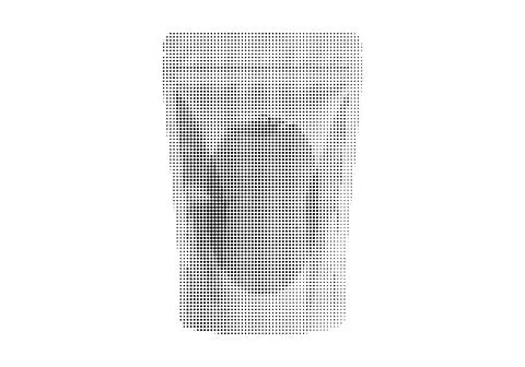Flexible packaging pouch with round window shown in black halftone stipple .. Stock Illustration