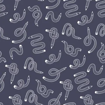 Flexible Pencils Seamless Pattern Doodle. White Outline Curved Wooden Stati.. Stock Illustration