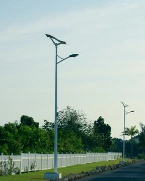 Flexible Solar Panel Lighting Pole on landscape background Stock Photos