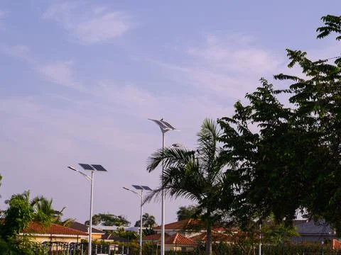 Flexible Solar Panel Lighting Pole on evening time Stock Photos