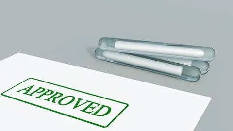 Flexible subdermal implants and a document stamped with a green "APPROVED" seal. Stockillustratie