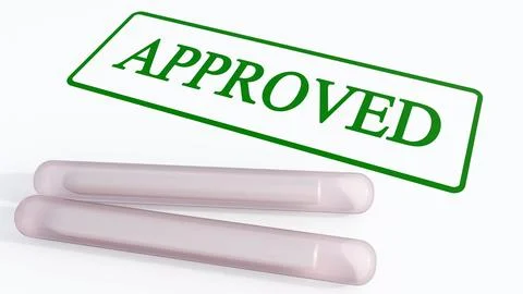 Flexible subdermal implants and a document stamped with a green "APPROVED" seal. Stockillustratie