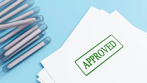 Flexible subdermal implants and a document stamped with a green "APPROVED" seal. Stockillustratie