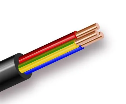 Flexible Three-wire electrical cable isolated on white background. Copper Stock Illustration
