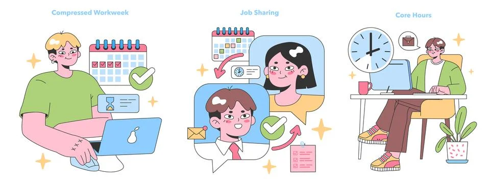 Flexible Work Arrangements set. Flat vector illustration Stock Illustration