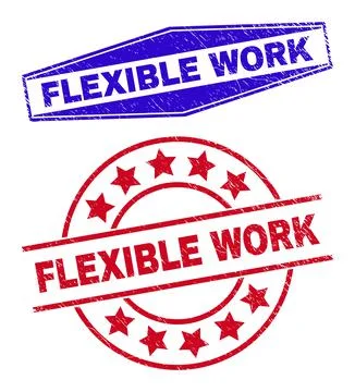 FLEXIBLE WORK Grunged Badges in Circle and Hexagon Forms Illustrazione stock