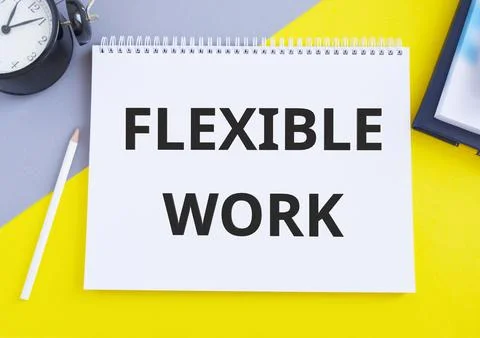 Flexible work policy concept. text on a torn page. yellow and grey paper, a.. Stock Photos