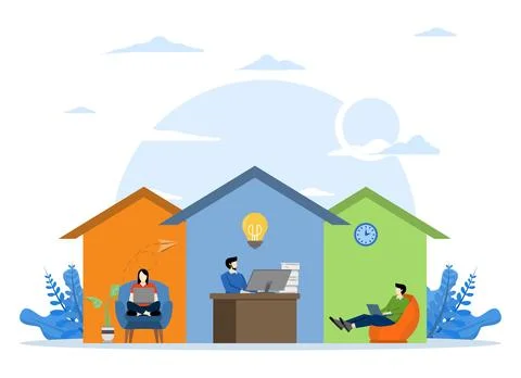 Flexible workers who can work from home or come to office Ilustración de archivo
