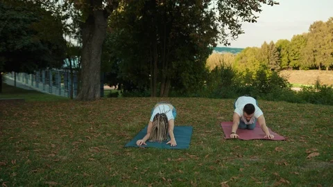 Flexible young couple doing different asanas practising yoga training class Stock Footage 118044581
