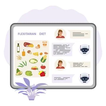 Flexitarian diet concept with chatbot interaction on a screen and assorted .. Stock Illustration